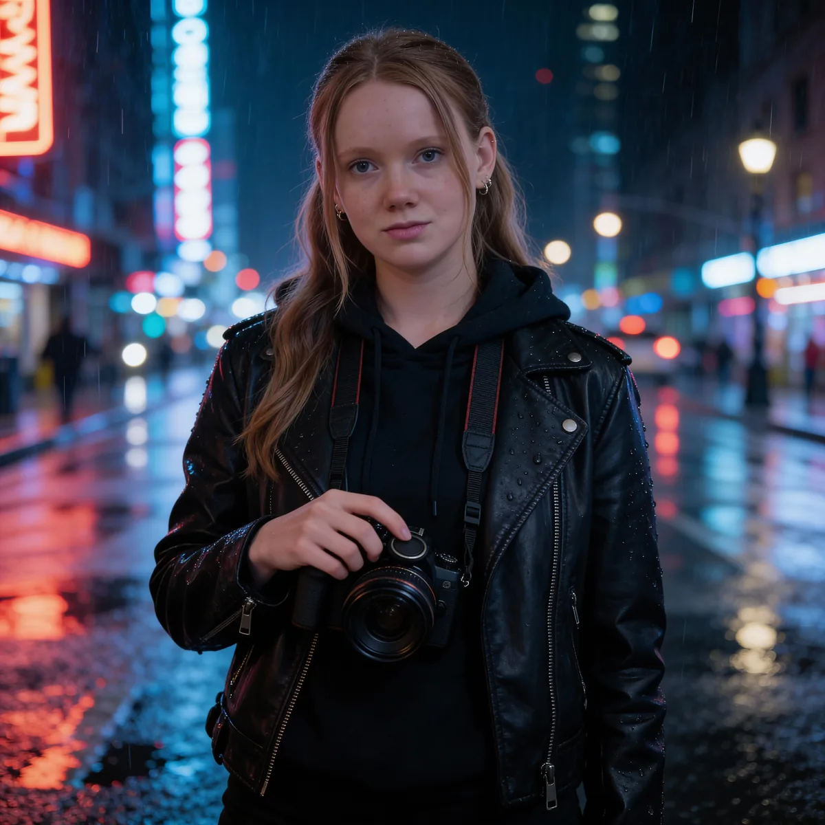 Porträt mit Kamera vor einer nächtlichen Filmkulisse